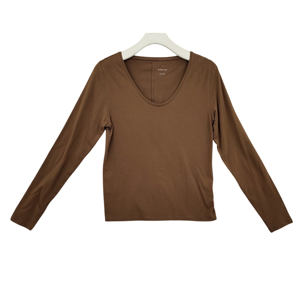 Everlane Womens Minimalist Luxe Basics Long Sleeve Scoop Neck Top M Brown Supima